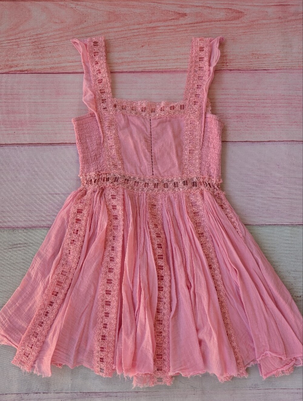 Free People One Bright Pink Verona Lace Trim Gauzy Fit & Flare Mini Dress L